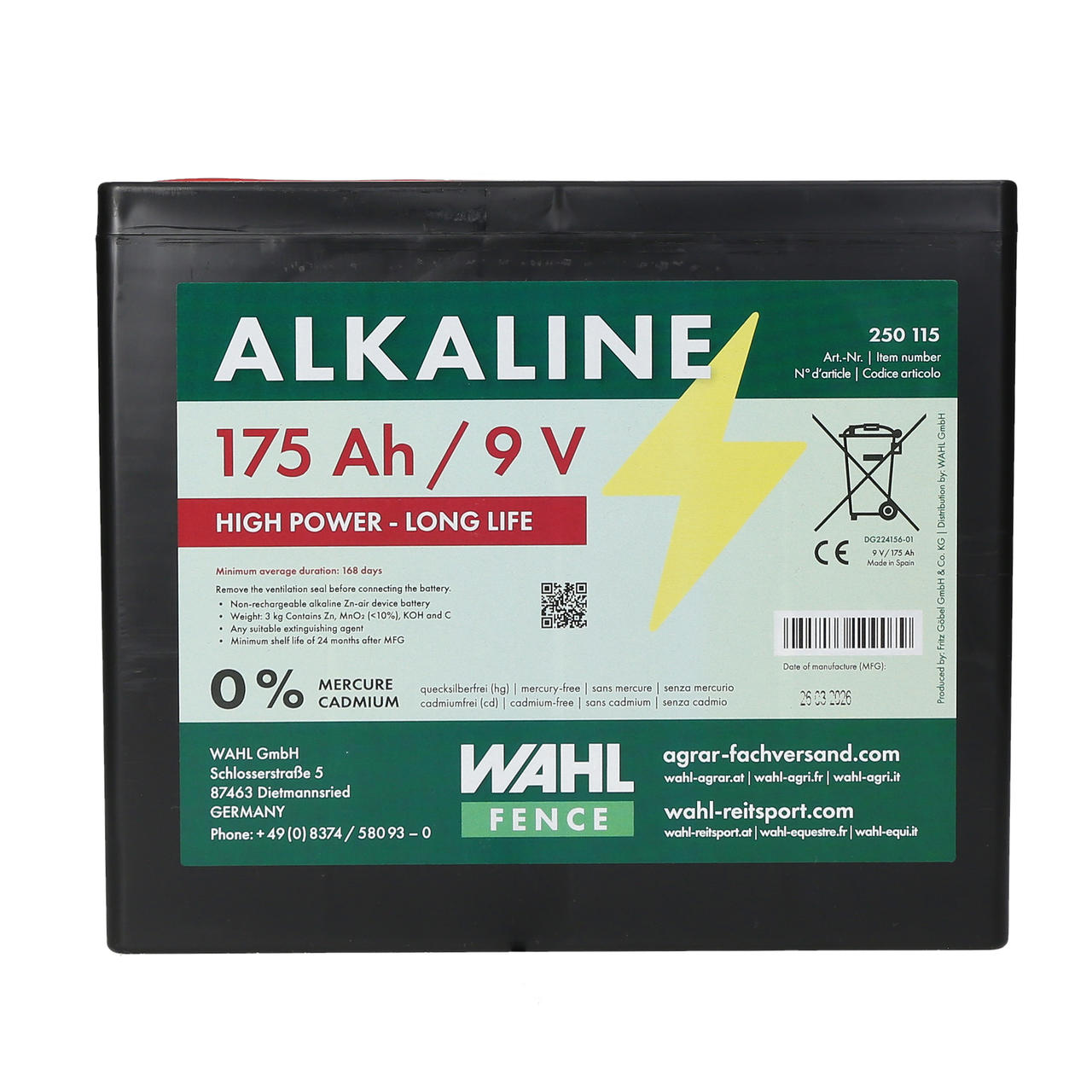 WAHL-FENCE Pile alcaline pour clôture électrique 9 V - 175 Ah WAHL-FENCE Pile alcaline pour clôture électrique 9 V - 175 Ah